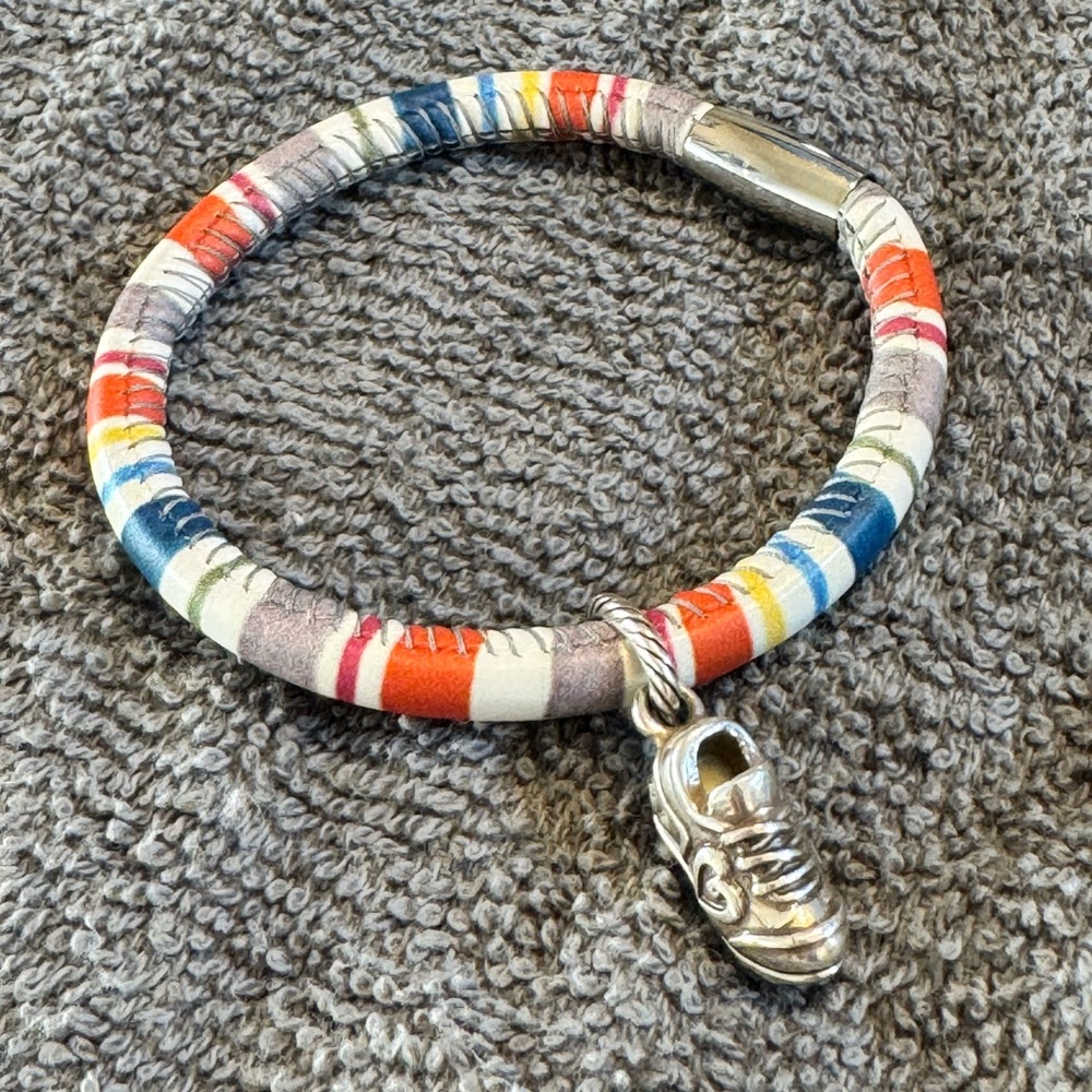 Brighton Multicolor Striped Leather Bracelet with Silver Shoe Charm